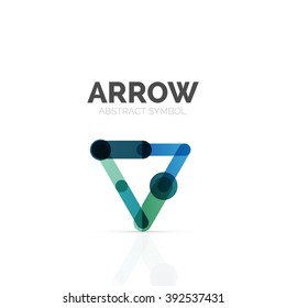 Linear arrow abstract logo, connected multicolored segments of lines in directional pointer figure. Vector wire business icon isolated on white
