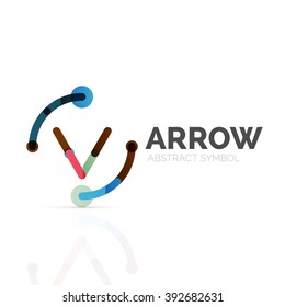 Linear arrow abstract logo, connected multicolored segments of lines in directional pointer figure. Vector wire business icon isolated on white