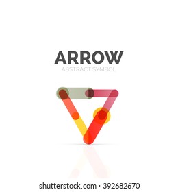 Linear arrow abstract logo, connected multicolored segments of lines in directional pointer figure. Vector wire business icon isolated on white
