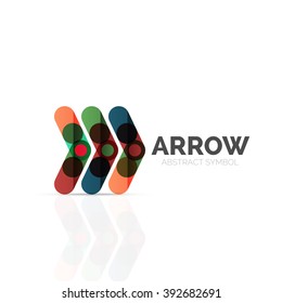 Linear arrow abstract logo, connected multicolored segments of lines in directional pointer figure. Vector wire business icon isolated on white