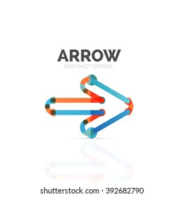 Linear arrow abstract logo, connected multicolored segments of lines in directional pointer figure. Vector wire business icon isolated on white