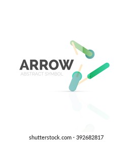 Linear arrow abstract logo, connected multicolored segments of lines in directional pointer figure. Vector wire business icon isolated on white