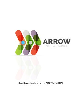 Linear arrow abstract logo, connected multicolored segments of lines in directional pointer figure. Vector wire business icon isolated on white