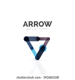 Linear arrow abstract logo, connected multicolored segments of lines in directional pointer figure. Vector wire business icon isolated on white