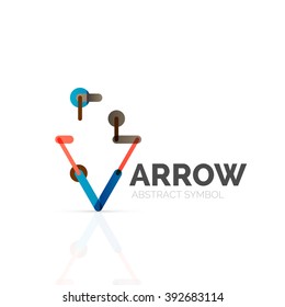 Linear arrow abstract logo, connected multicolored segments of lines in directional pointer figure. Vector wire business icon isolated on white