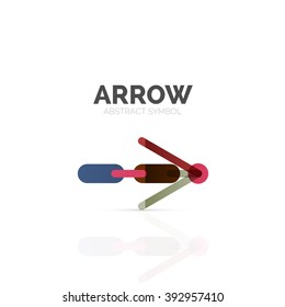 Linear arrow abstract logo, connected multicolored segments of lines in directional pointer figure. Vector wire business icon isolated on white