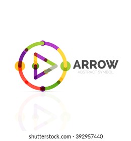 Linear arrow abstract logo, connected multicolored segments of lines in directional pointer figure. Vector wire business icon isolated on white