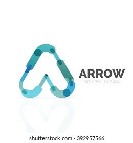 Lineares abstraktes Logo, angeschlossene mehrfarbige Segmente von Linien in Richtung Zeiger Figur. Vektorsymbol für Drahtseile, einzeln auf Weiß