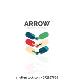 Linear arrow abstract logo, connected multicolored segments of lines in directional pointer figure. Vector wire business icon isolated on white