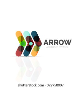 Linear arrow abstract logo, connected multicolored segments of lines in directional pointer figure. Vector wire business icon isolated on white