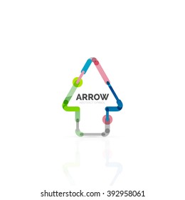 Linear arrow abstract logo, connected multicolored segments of lines in directional pointer figure. Vector wire business icon isolated on white