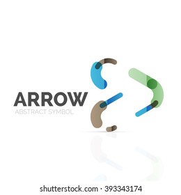Linear arrow abstract logo, connected multicolored segments of lines in directional pointer figure. Vector wire business icon isolated on white