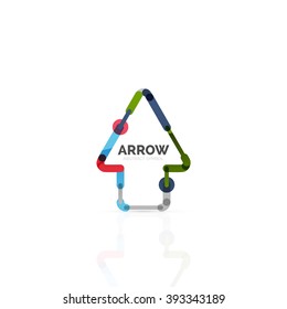Linear arrow abstract logo, connected multicolored segments of lines in directional pointer figure. Vector wire business icon isolated on white