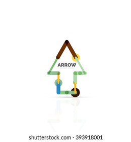 Linear arrow abstract logo, connected multicolored segments of lines in directional pointer figure. Vector wire business icon isolated on white