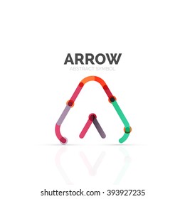 Logo abstracto de flecha lineal, segmentos multicolores conectados de líneas en figura de puntero direccional. Icono de negocio de alambre de vectores aislado en blanco