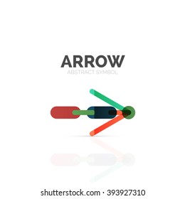Linear arrow abstract logo, connected multicolored segments of lines in directional pointer figure. Vector wire business icon isolated on white