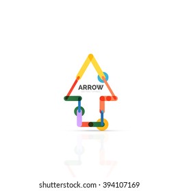 Linear arrow abstract logo, connected multicolored segments of lines in directional pointer figure. Vector wire business icon isolated on white