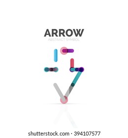 Linear arrow abstract logo, connected multicolored segments of lines in directional pointer figure. Vector wire business icon isolated on white