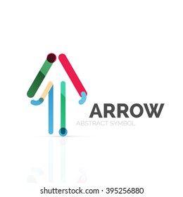 Linear arrow abstract logo, connected multicolored segments of lines in directional pointer figure. Vector wire business icon isolated on white