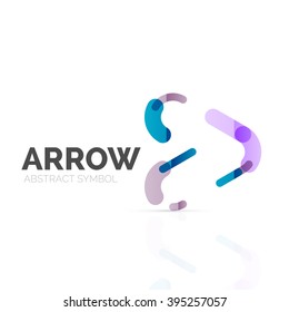 Linear arrow abstract logo, connected multicolored segments of lines in directional pointer figure. Vector wire business icon isolated on white