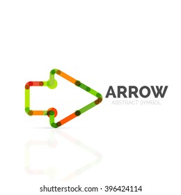 Linear arrow abstract logo, connected multicolored segments of lines in directional pointer figure. Vector wire business icon isolated on white