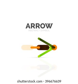 Linear arrow abstract logo, connected multicolored segments of lines in directional pointer figure. Vector wire business icon isolated on white