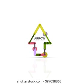 Linear arrow abstract logo, connected multicolored segments of lines in directional pointer figure. Vector wire business icon isolated on white
