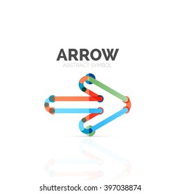 Linear arrow abstract logo, connected multicolored segments of lines in directional pointer figure. Vector wire business icon isolated on white