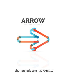 Linear arrow abstract logo, connected multicolored segments of lines in directional pointer figure. Vector wire business icon isolated on white