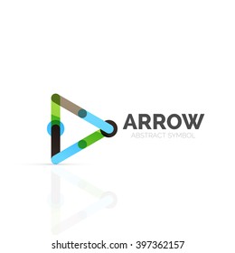 Linear arrow abstract logo, connected multicolored segments of lines in directional pointer figure. Vector wire business icon isolated on white
