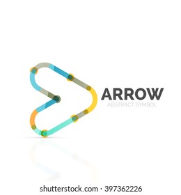 Linear arrow abstract logo, connected multicolored segments of lines in directional pointer figure. Vector wire business icon isolated on white Linear arrow abstract logo, connected multicolored segments of lines in directional pointer figure. Vector wire business icon isolated on white