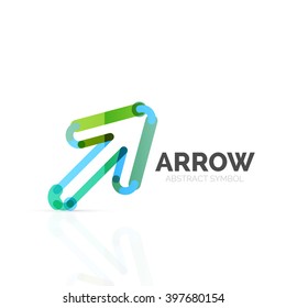 Linear arrow abstract logo, connected multicolored segments of lines in directional pointer figure. Vector wire business icon isolated on white