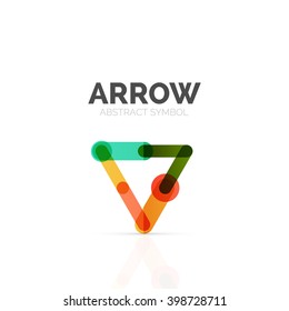 Linear arrow abstract logo, connected multicolored segments of lines in directional pointer figure. Vector wire business icon isolated on white