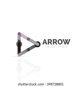 Linear arrow abstract logo, connected multicolored segments of lines in directional pointer figure. Vector wire business icon isolated on white