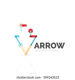 Logo abstracto de flecha lineal, segmentos multicolores conectados de líneas en figura de puntero direccional. Icono de negocio de alambre de vectores aislado en blanco