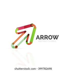 Linear arrow abstract logo, connected multicolored segments of lines in directional pointer figure. Vector wire business icon isolated on white