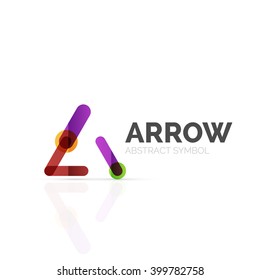 Linear arrow abstract logo, connected multicolored segments of lines in directional pointer figure. Vector wire business icon isolated on white