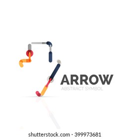 Logo abstracto de flecha lineal, segmentos multicolores conectados de líneas en figura de puntero direccional. Icono de negocio de alambre de vectores aislado en blanco