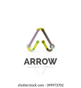 Linear arrow abstract logo, connected multicolored segments of lines in directional pointer figure. Vector wire business icon isolated on white