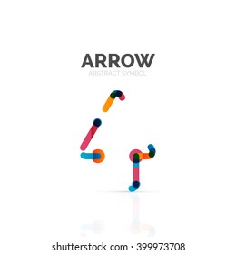 Linear arrow abstract logo, connected multicolored segments of lines in directional pointer figure. Vector wire business icon isolated on white