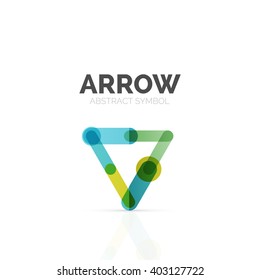 Linear arrow abstract logo, connected multicolored segments of lines in directional pointer figure. Vector wire business icon isolated on white