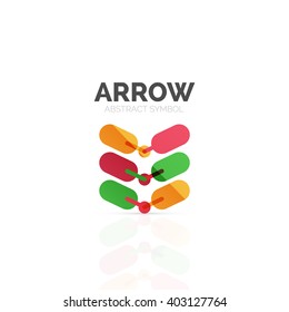 Linear arrow abstract logo, connected multicolored segments of lines in directional pointer figure. Vector wire business icon isolated on white