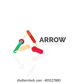 Linear arrow abstract logo, connected multicolored segments of lines in directional pointer figure. Vector wire business icon isolated on white