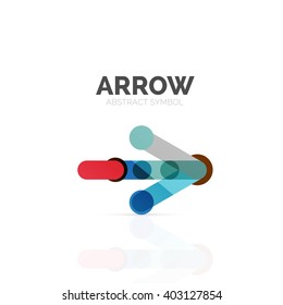 Linear arrow abstract logo, connected multicolored segments of lines in directional pointer figure. Vector wire business icon isolated on white