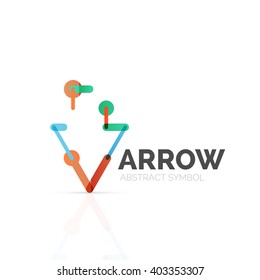 Linear arrow abstract logo, connected multicolored segments of lines in directional pointer figure. Vector wire business icon isolated on white