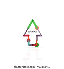 Linear arrow abstract logo, connected multicolored segments of lines in directional pointer figure. Vector wire business icon isolated on white