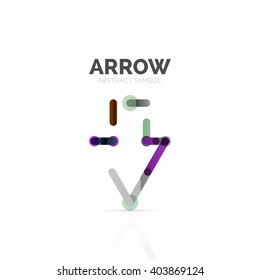Linear arrow abstract logo, connected multicolored segments of lines in directional pointer figure. Vector wire business icon isolated on white