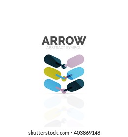 Linear arrow abstract logo, connected multicolored segments of lines in directional pointer figure. Vector wire business icon isolated on white
