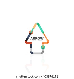 Linear arrow abstract logo, connected multicolored segments of lines in directional pointer figure. Vector wire business icon isolated on white