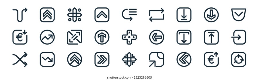 linear arrow icon pack. vector thin line increase loan, up arrows, arrow direction, down arrowutlined, up arrow, login, scalable, three arrows icons suitable for apps and websites ui designs